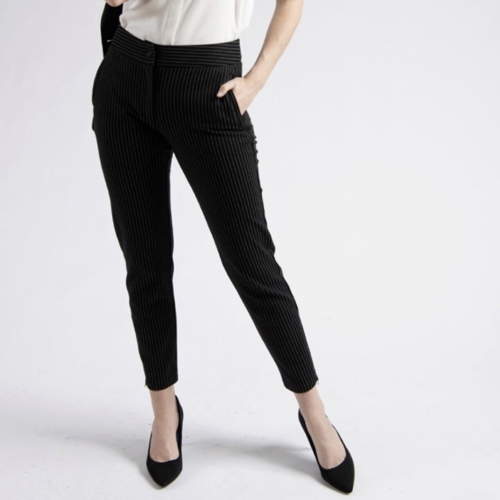Betabrand Pinstripe Ankle Zip Dress Pant Yoga Pants Black/Whitr
